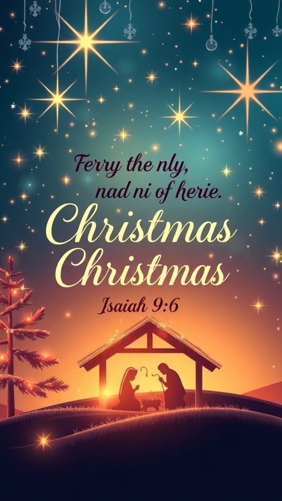 Christmas wallpaper design with Isaiah 9:6 verse, stars, and nativity scene.